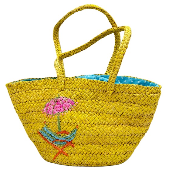 Quacker Factory Handbags - Woven Tote Beach Bag Large Bow Tie Embroidery Polka Dot Lined Yellow NWT Boho